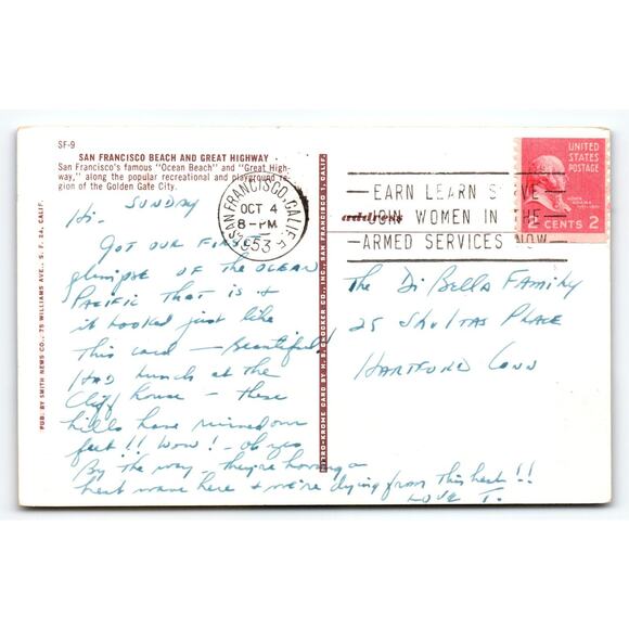 Vintage 1953 San Francisco Ocean Beach & Great Highway Postcard - Picture 2 of 2